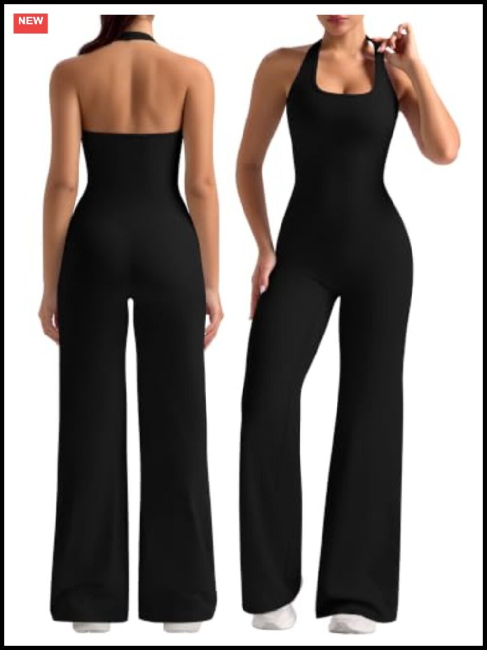 Wide Leg Jumpsuit Halter Neck Backless Athletic Unitard Sculpt Built in Bra
